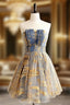 A-Line Gold/Blue Lace  Short Prom Dress, Cute Homecoming Dress with Beading