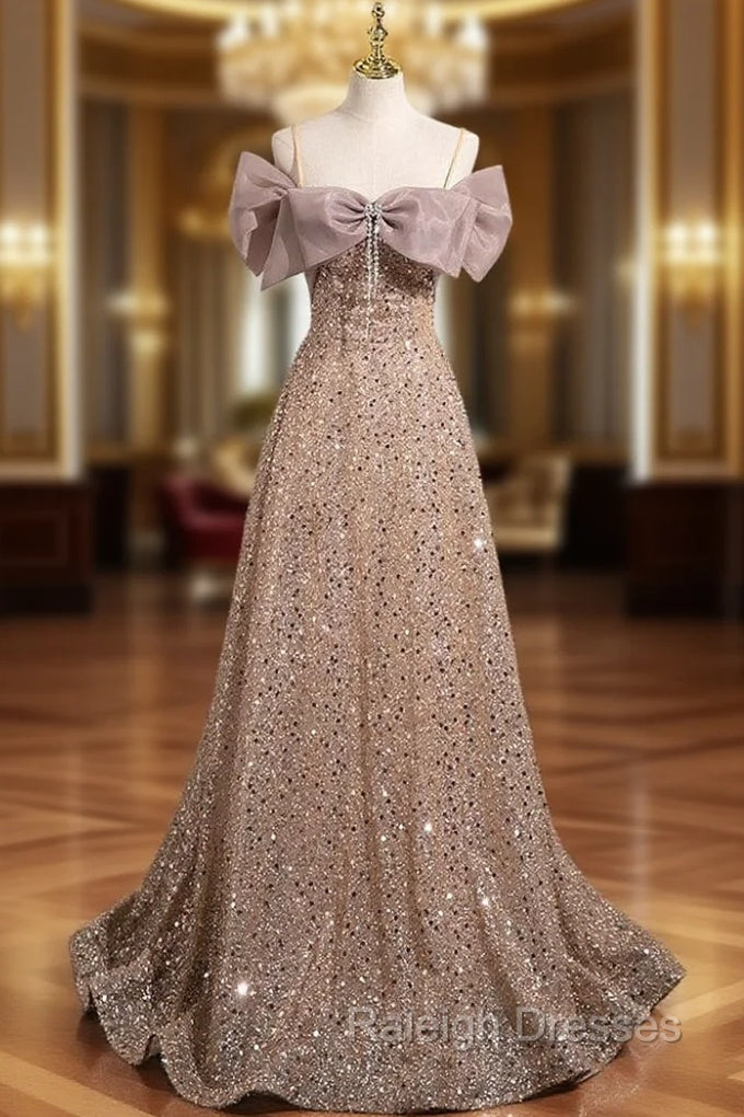A Line Gold Sequins Spaghetti Straps Bow Prom Dresses
