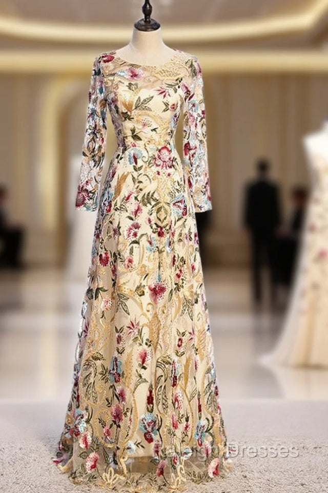 A Line Gold Tulle Embroidery Long Sleeve Prom Dress Main image