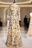 A Line Gold Tulle Embroidery Long Sleeve Prom Dress