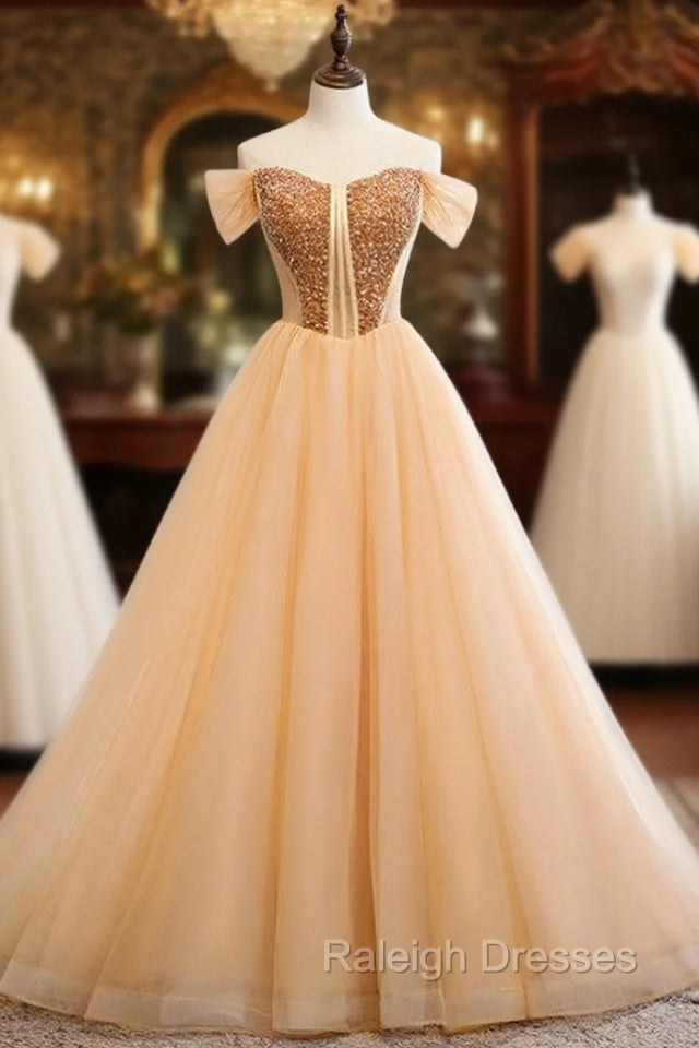 A-Line Gold Tulle Off the Shoulder Beading Prom Dress Main image