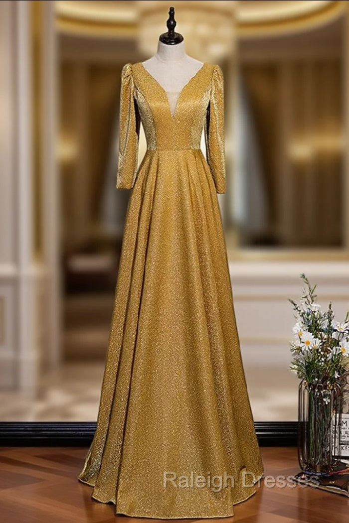 A-Line Gold V-neck Long Sleeve Prom Dress Main image