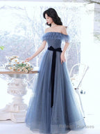 A-Line Gray Blue Off The Shoulder Long Prom Dress Sparkly Evening Dress