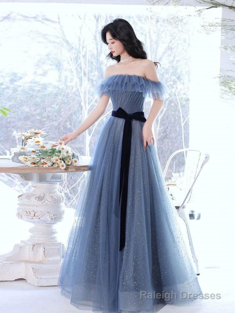 A-Line Gray Blue Off The Shoulder Long Prom Dress Sparkly Evening Dress