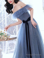 A-Line Gray Blue Off The Shoulder Long Prom Dress Sparkly Evening Dress