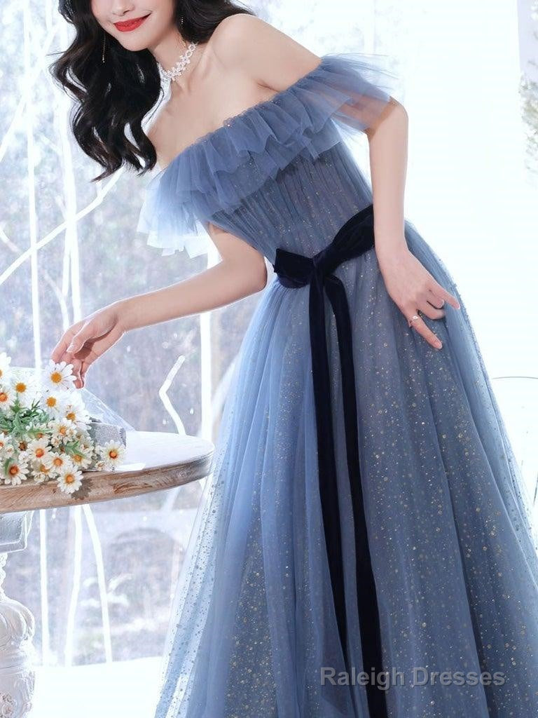 A-Line Gray Blue Off The Shoulder Long Prom Dress Sparkly Evening Dress