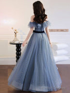 A-Line Gray Blue Off The Shoulder Long Prom Dress Sparkly Evening Dress