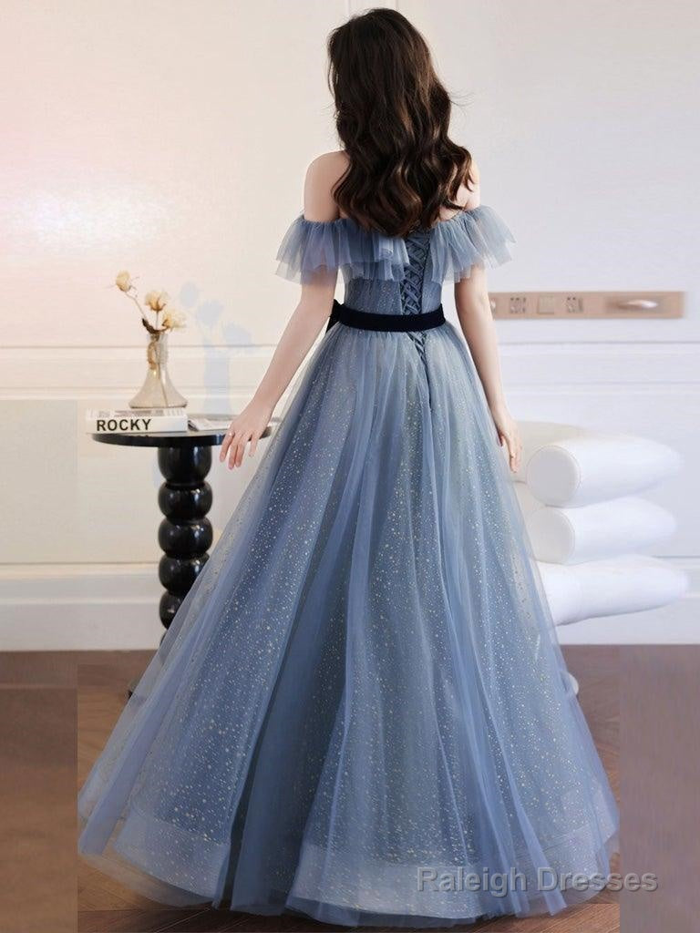A-Line Gray Blue Off The Shoulder Long Prom Dress Sparkly Evening Dress