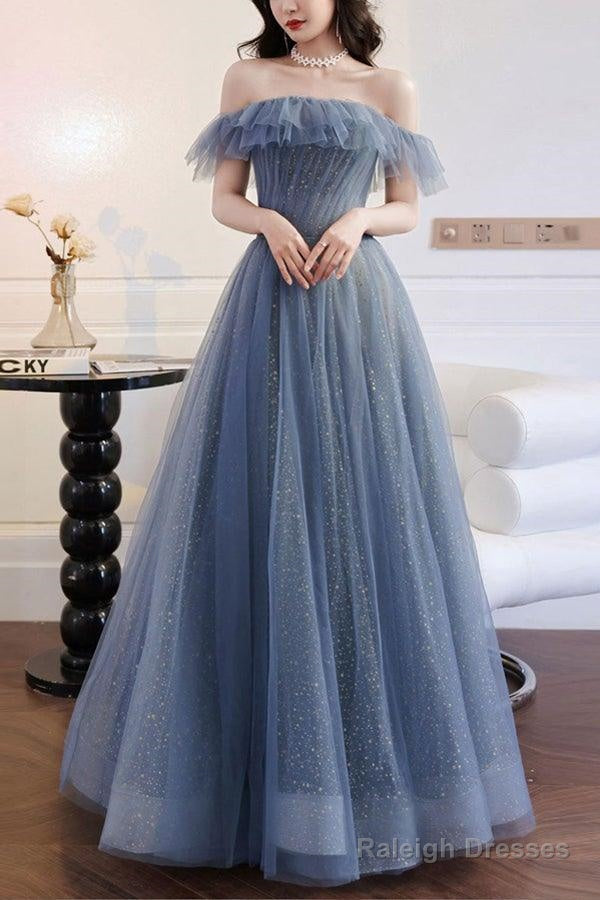 A-Line Gray Blue Off The Shoulder Long Prom Dress Sparkly Evening Dress