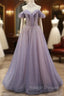 A Line Gray Blue Tulle Beading Prom Dress