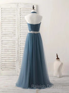 A-Line Gray Blue Tulle Long Bridesmaid Dress Floor-Length Beading Prom Dress Elegant