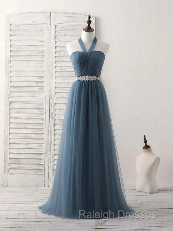 A-Line Gray Blue Tulle Long Bridesmaid Dress Floor-Length Beading Prom Dress Elegant
