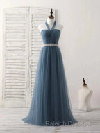 A-Line Gray Blue Tulle Long Bridesmaid Dresses Floor-Length Beading Prom Dresses Elegant