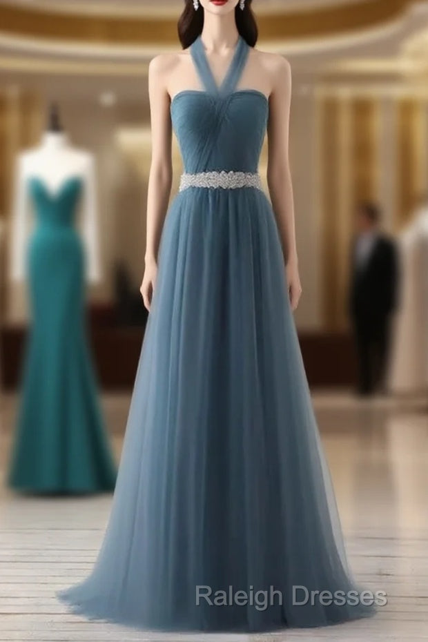 A-Line Gray Blue Tulle Long Bridesmaid Dresses Floor-Length Beading Prom Dresses Elegant Main image