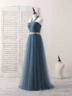 A Line Gray Blue Tulle Long Bridesmaid Dress Gray Blue Prom Dress