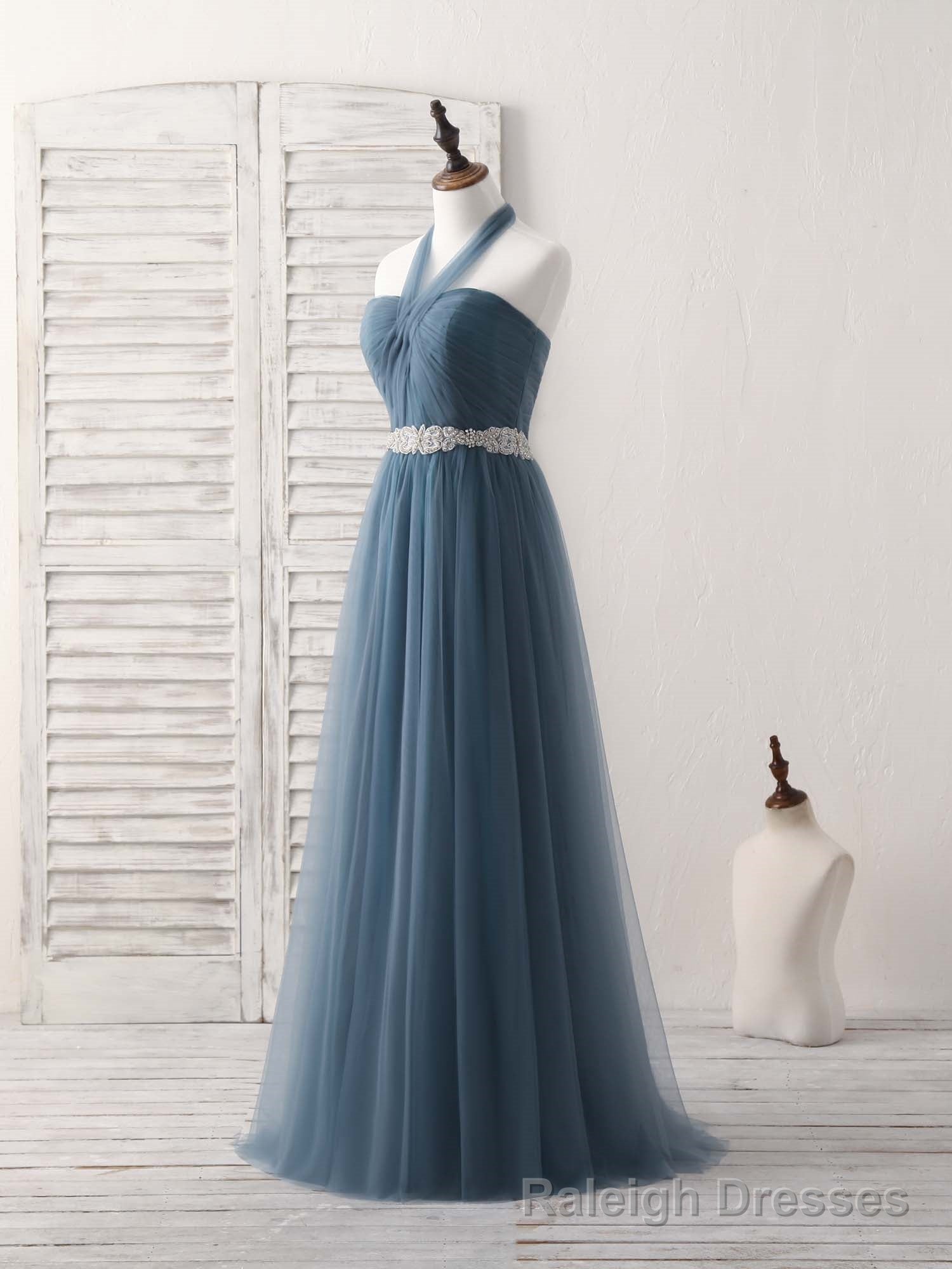 A Line Gray Blue Tulle Long Bridesmaid Dress Gray Blue Prom Dress