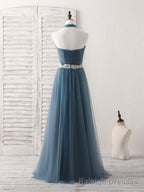 A-Line Gray Blue Tulle Long Bridesmaid Dress Gray Blue Prom Dress