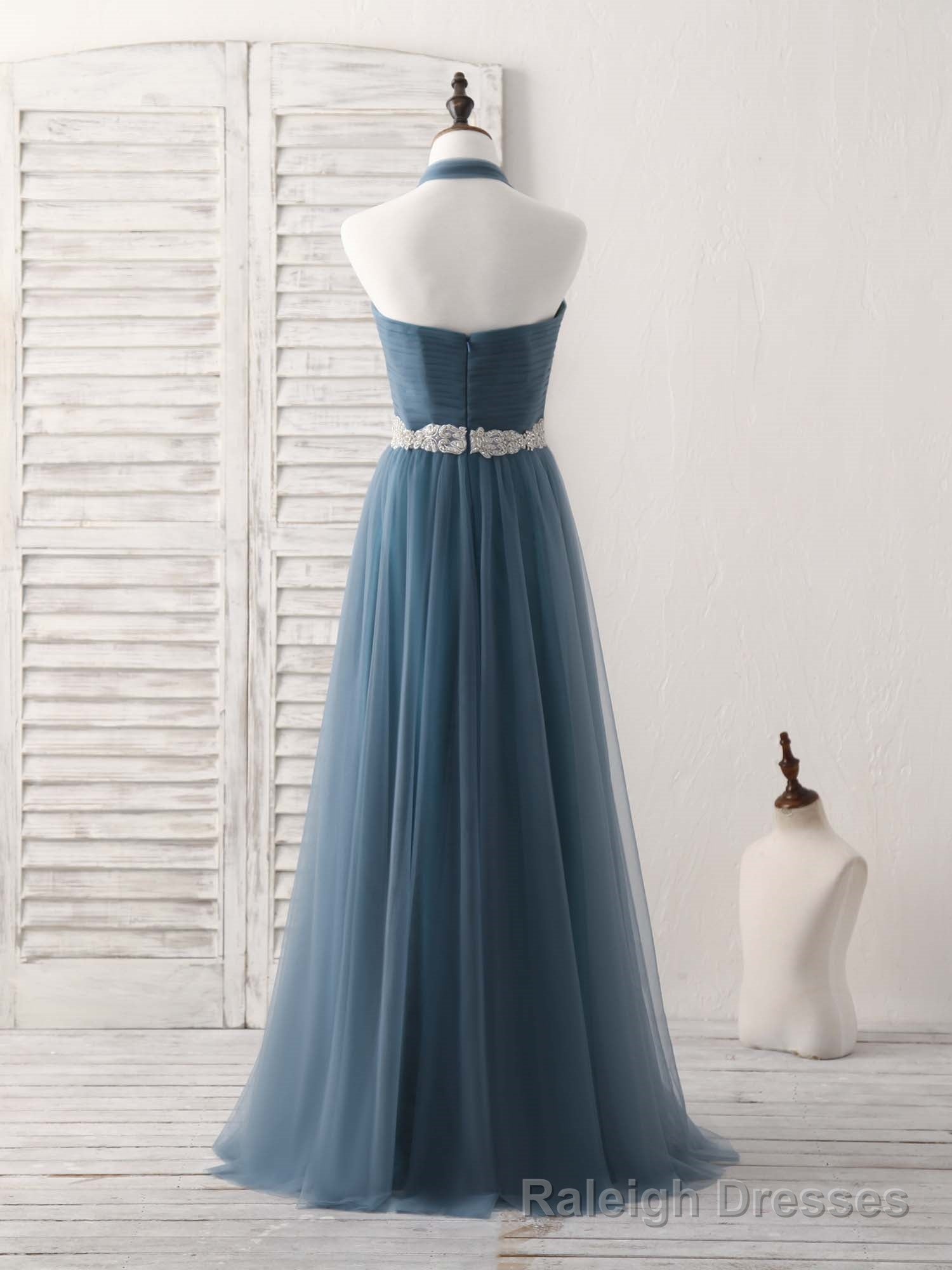 A-Line Gray Blue Tulle Long Bridesmaid Dress Gray Blue Prom Dress