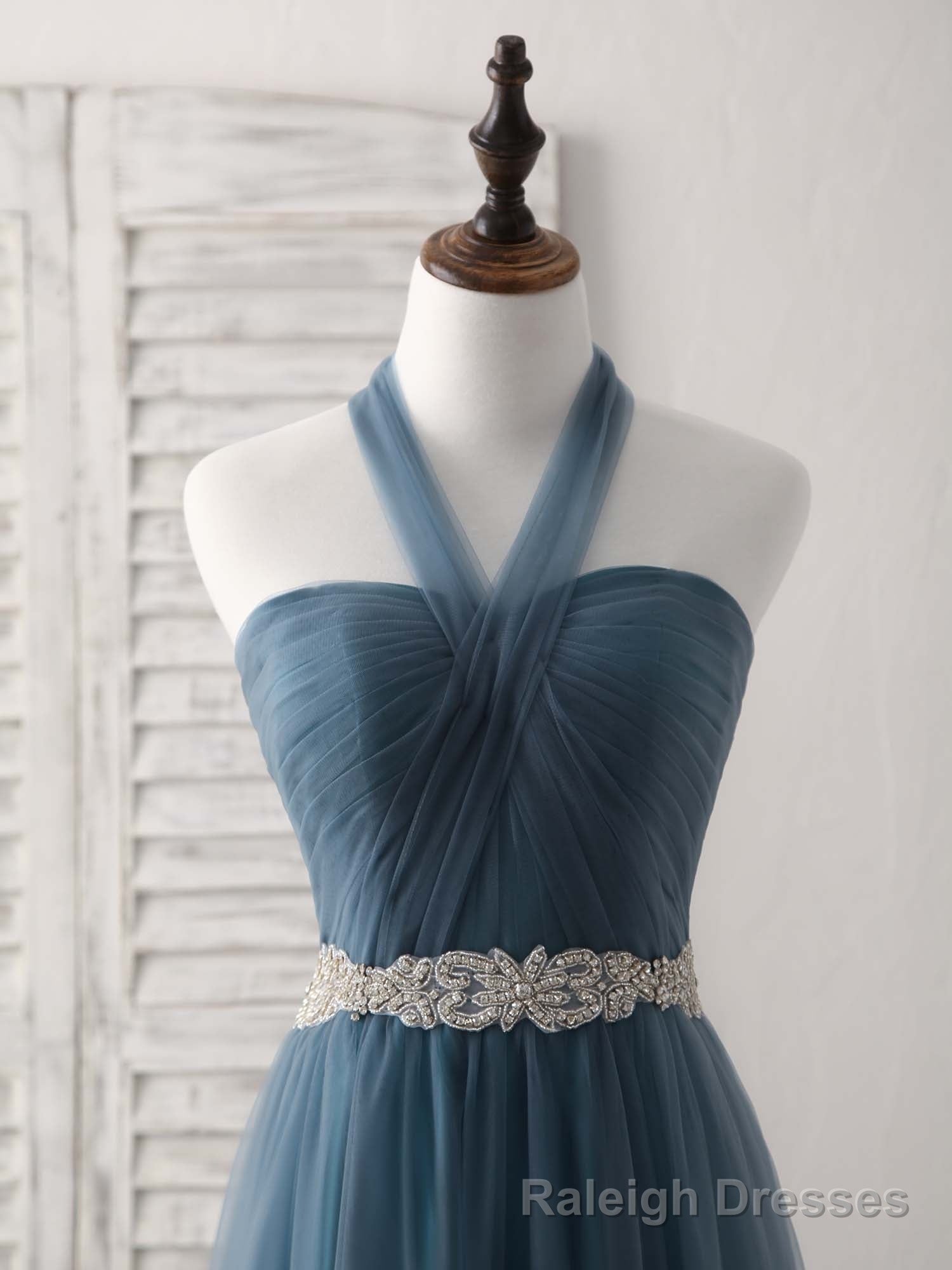 A Line Gray Blue Tulle Long Bridesmaid Dress Gray Blue Prom Dress