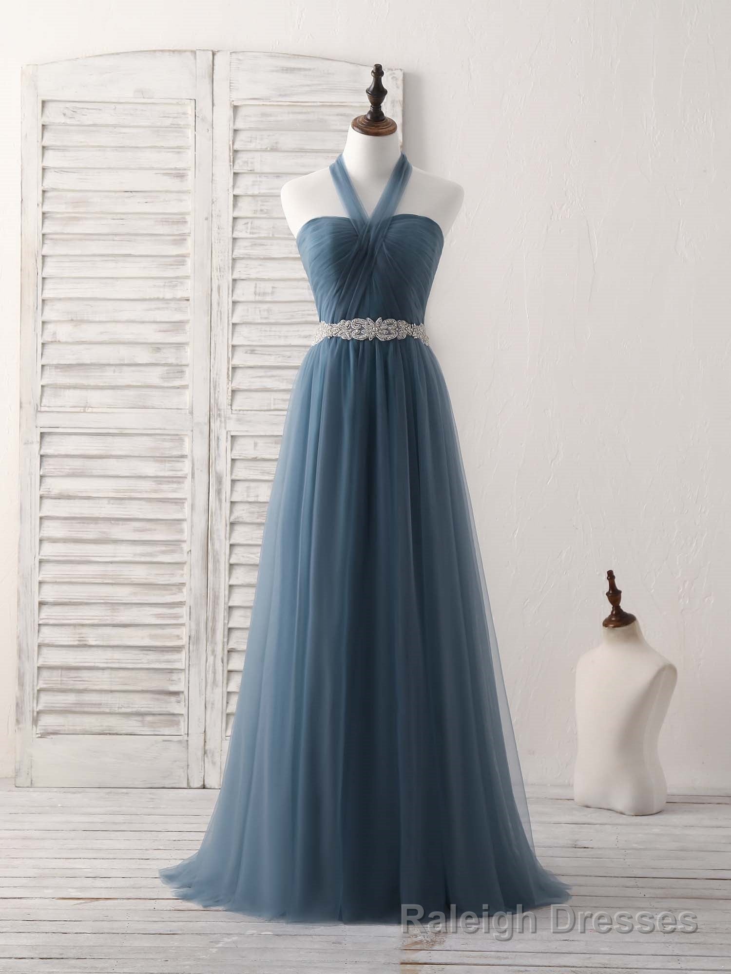 A Line Gray Blue Tulle Long Bridesmaid Dress Gray Blue Prom Dress