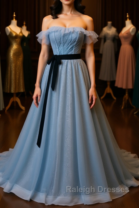 A-Line Gray Blue Tulle Long Prom Dress, Gray Blue Long Formal Dress Main image