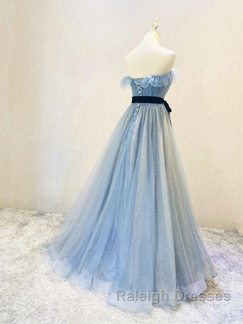 A Line Gray Blue Tulle Long Prom Dresses Gray Blue Long Prom Dresses Secondary image