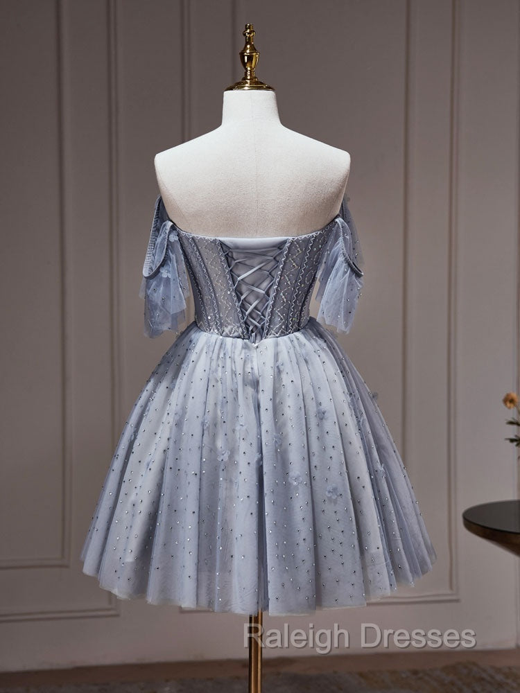 A Line Gray Blue Tulle Short Prom Dresses. Cute Gray Blue Homecoming Dresses