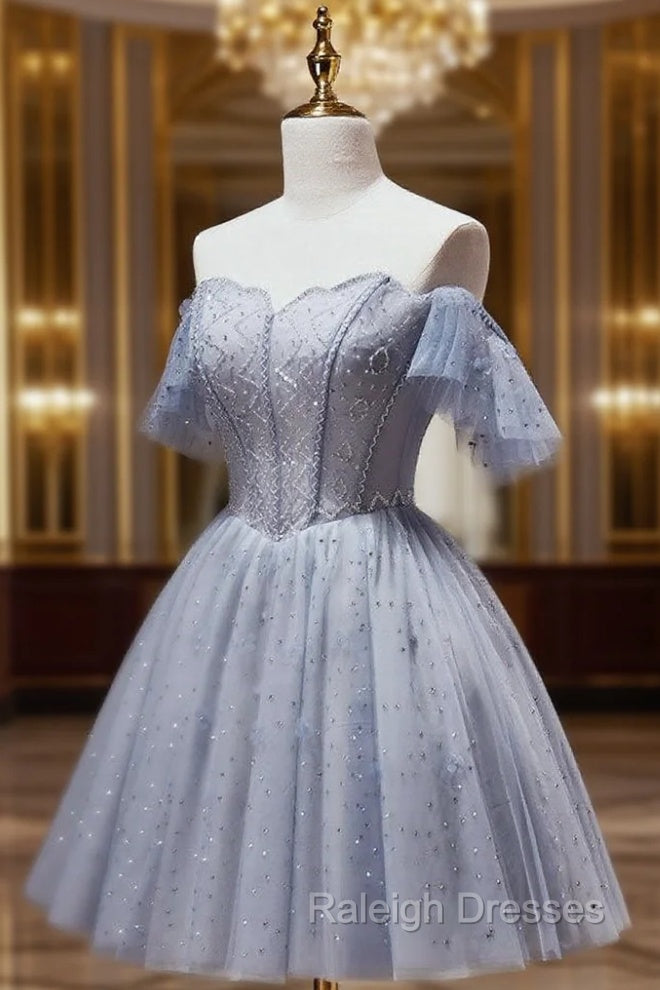 A-Line Gray Blue Tulle Short Prom Dress. Cute Gray Blue Homecoming Dress