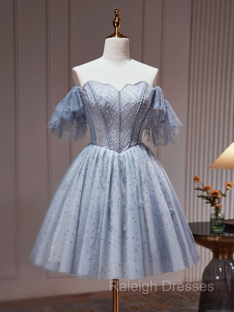 A Line Gray Blue Tulle Short Prom Dresses. Cute Gray Blue Homecoming Dresses Secondary image