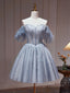A Line Gray Blue Tulle Short Prom Dresses. Cute Gray Blue Homecoming Dresses