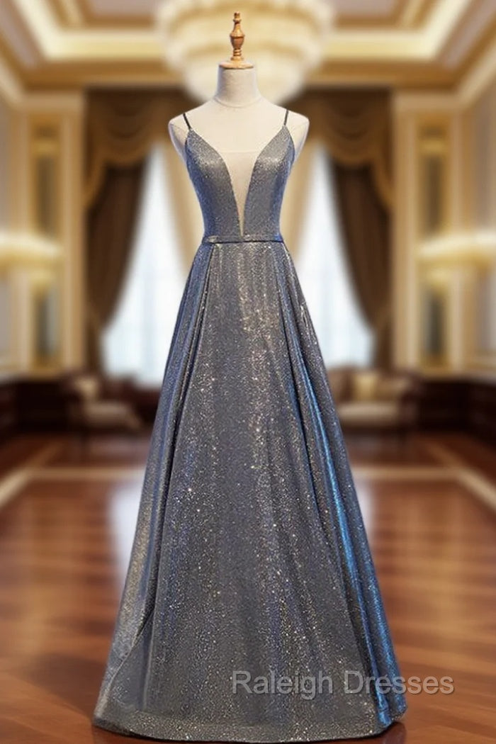 A Line Gray Deep V Neck Sleeveless Long Prom Dresses