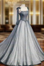 A Line Gray Long Prom Dresses, Tulle Gray Formal Graduation Dress with Beading