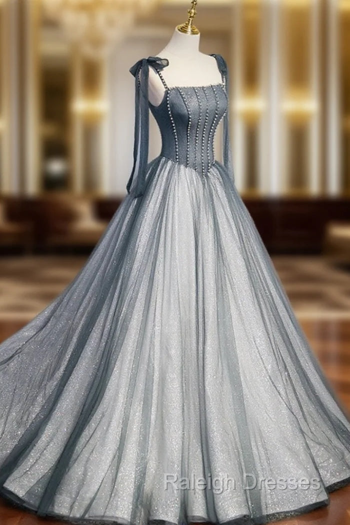A Line Gray Long Prom Dresses, Tulle Gray Formal Graduation Dress with Beading