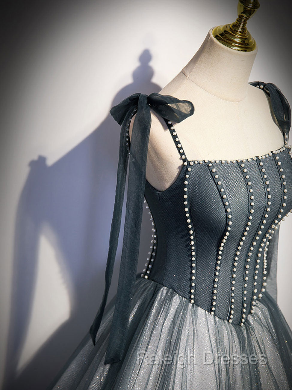 A Line Gray Long Prom Dresses, Tulle Gray Formal Graduation Dress with Beading