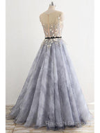 A-Line Gray Rround Neck Tulle Long Prom Dress Grey Evening Dress,