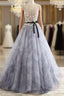 A-Line Gray Rround Neck Tulle Long Prom Dress Grey Evening Dress,