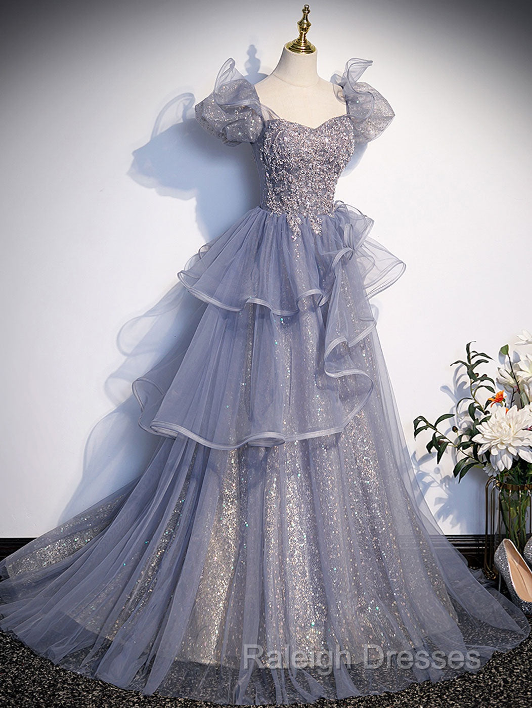 A-Line Gray Sequin Long Prom Dress, Sequin Tulle Formal Evening Dresses Secondary image