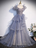 A-Line Gray Sequin Long Prom Dress, Sequin Tulle Formal Evening Dresses