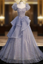 A-Line Gray Sequin Long Prom Dress, Sequin Tulle Formal Evening Dresses