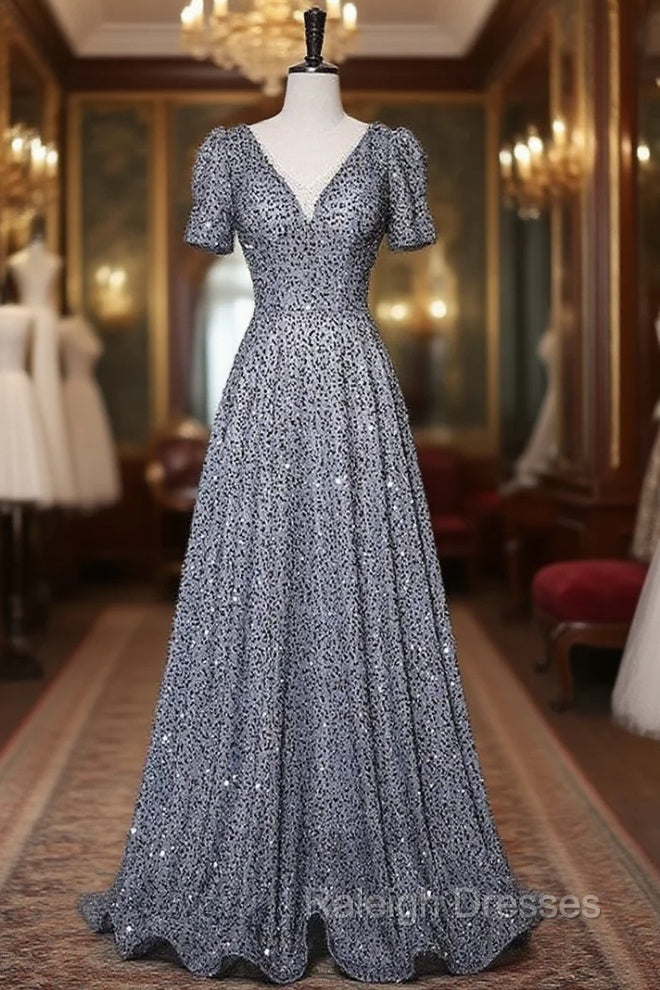 A Line Gray Sequins V Neck Prom Dress Main image