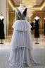 A-Line Gray Tulle Black Velvet Bateau Backless Prom Dress