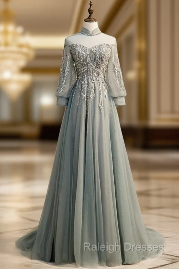 A Line Gray Tulle Long Sleeve High Neck Backless Beading Prom Dresses Main image