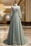 A Line Gray Tulle Long Sleeve High Neck Backless Beading Prom Dresses