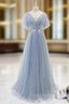 A Line Gray Tulle Pearls V Neck Prom Dresses