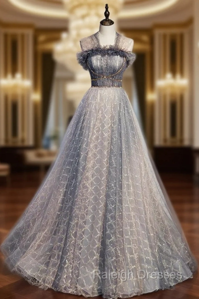 A Line Gray Tulle Pleats Beading Prom Dresses Main image
