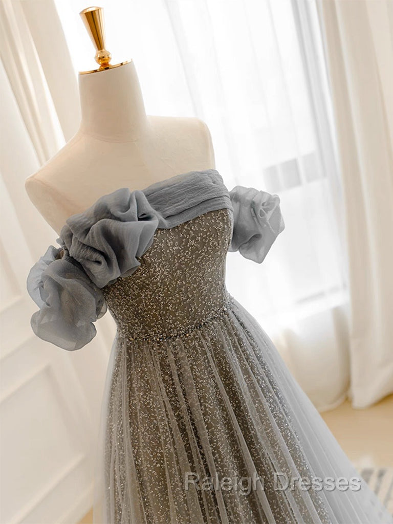A-Line Gray Tulle Sequin Long Prom Dress, Gray Long Formal Dress Secondary image