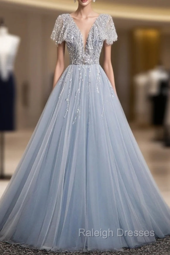 A-Line Gray Tulle Sequins Prom Dress Main image