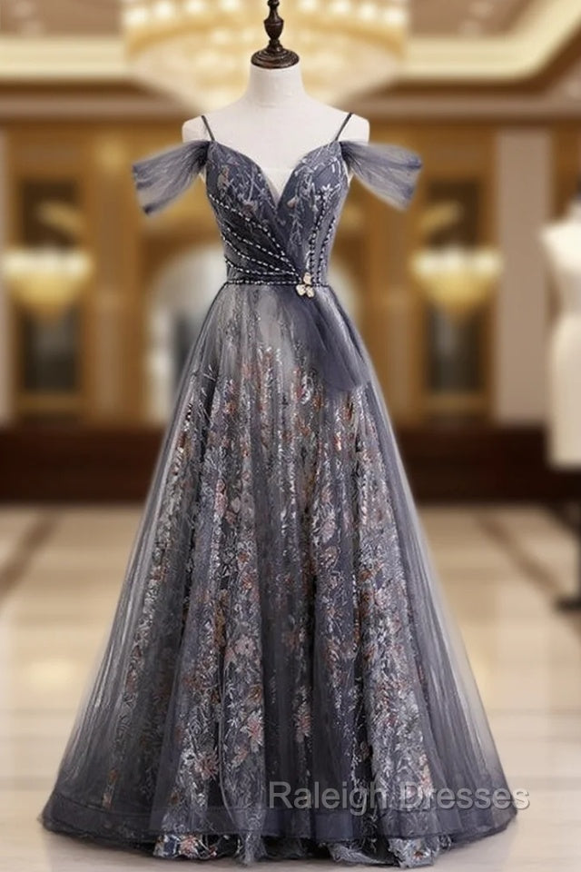 A-Line Gray Tulle Sequins Spaghetti Straps Prom Dress Main image