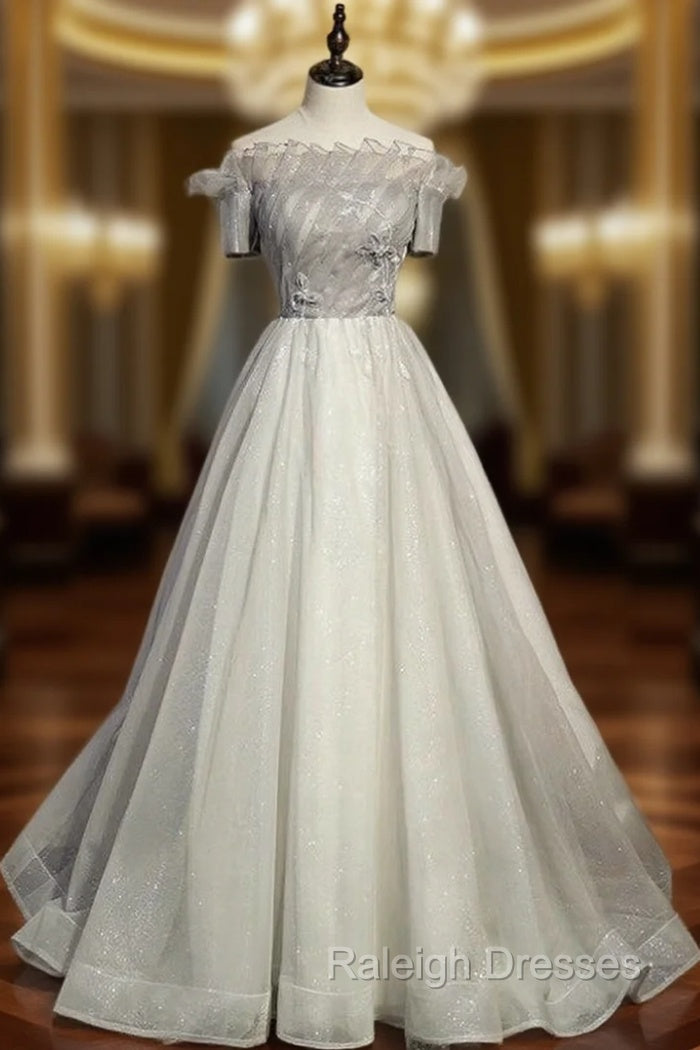 A Line Gray Tulle Short Sleeve Beading Prom Dresses Main image