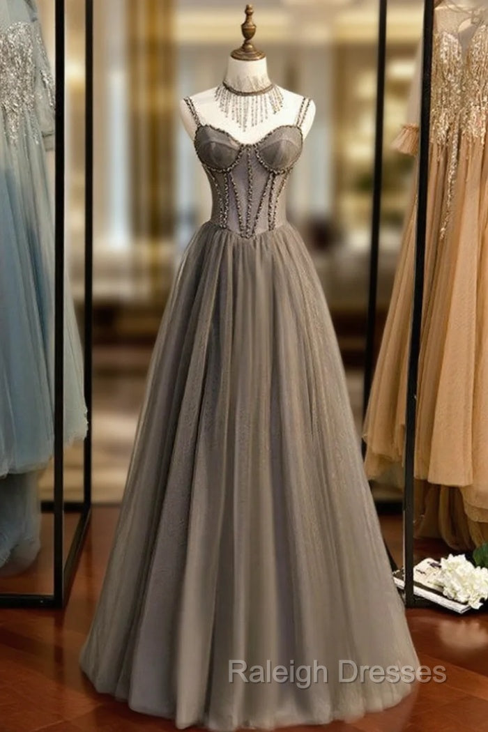 A Line Gray Tulle Spagehtti Straps Beading Prom Dresses Main image